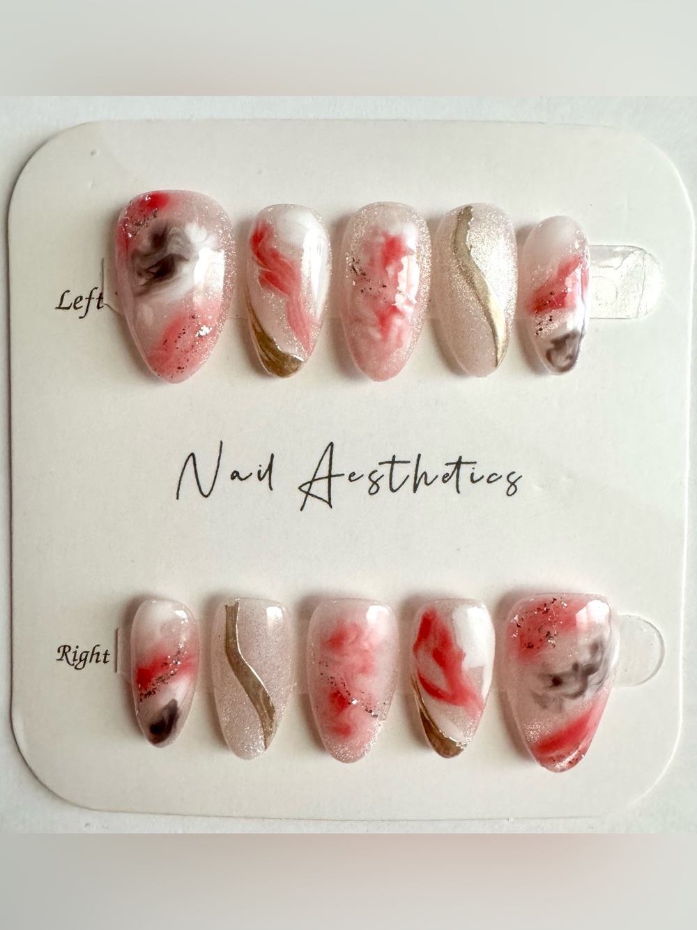 Hand-Painted Marble Press-On Nails in Blush, Coral & Gold - Picture 3 of 5